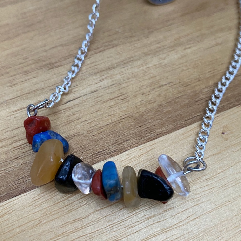 New Handcrafted Artisan Chipped Multi-Gemstone Curved Bar Chain Necklace